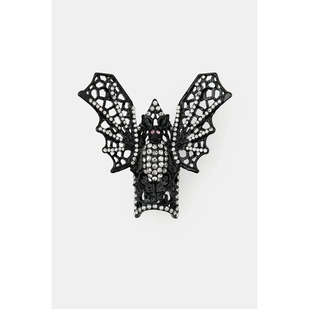Bat Rhinestone Statement Ring‎ Sz S Black Crystal Gothic Halloween Cocktail Ring